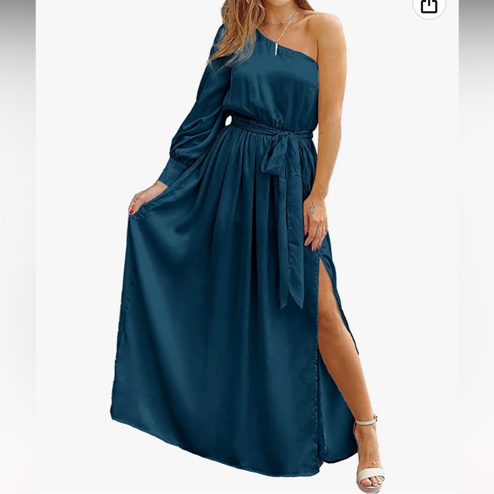 Women's Satin Long Sleeve One Shoulder Asymmetrical Belted Tie Waist Long Dress
